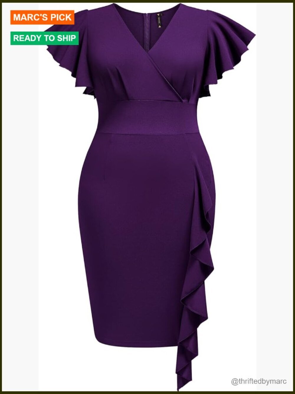 Plus Size V-Neck Ruffle Sleeve Pencil Dress Bodycon Midi